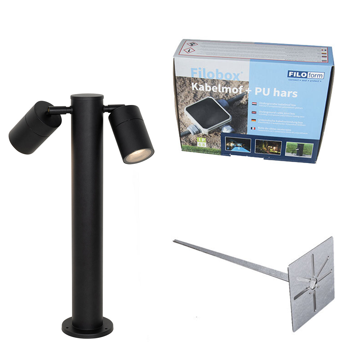 QAZQA Buitenlamp zwart met grondpin en kabelmof 45cm 2-lichts IP44 -