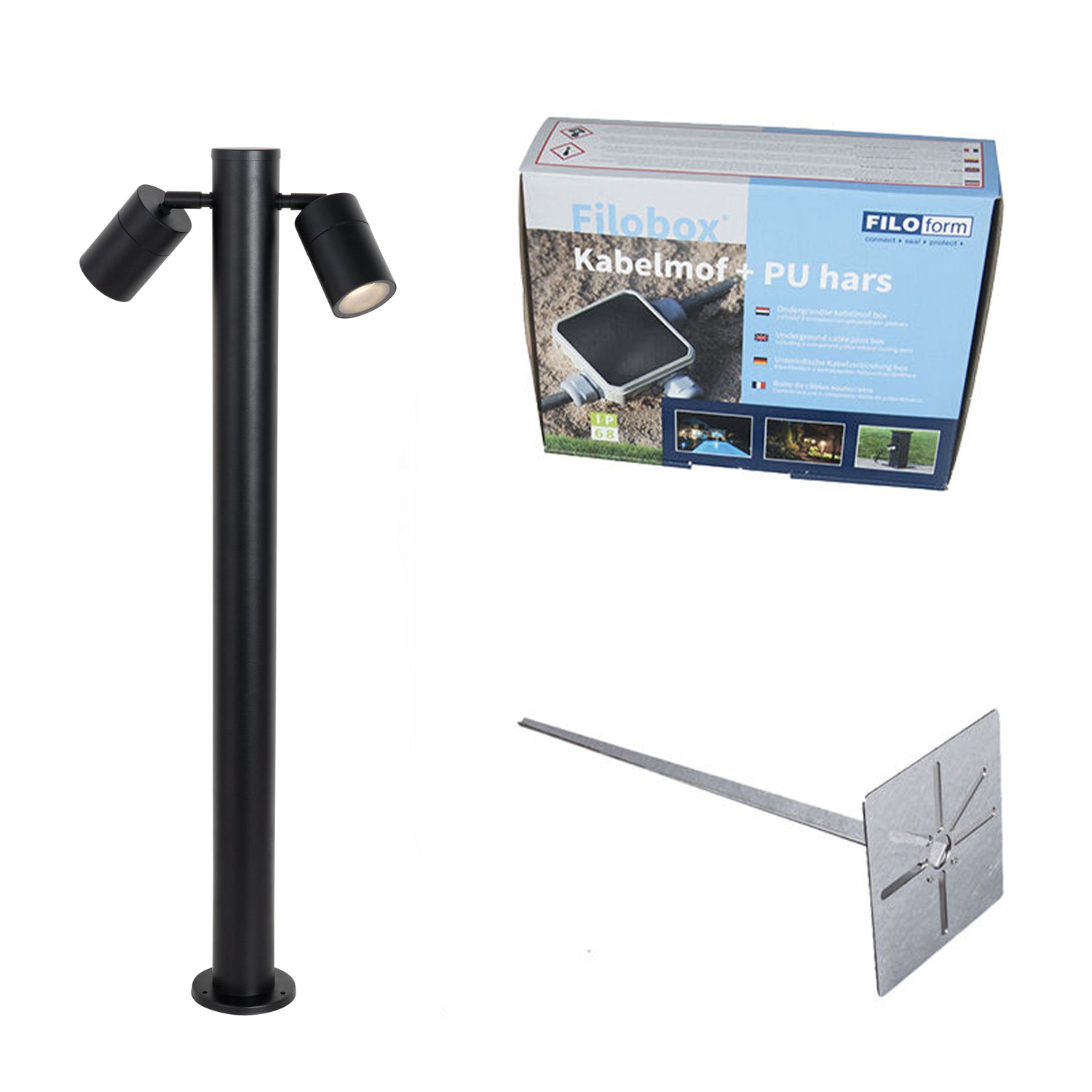 QAZQA Buitenlamp zwart met grondpin en kabelmof 80cm 2-lichts IP44 -