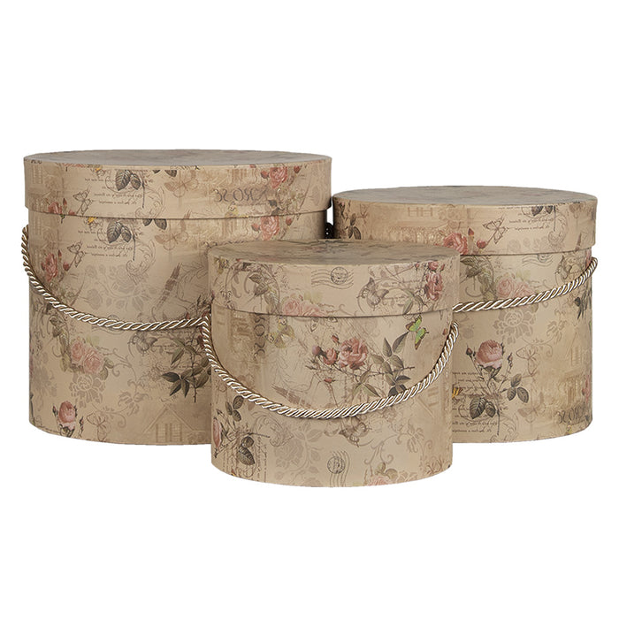 Clayre & Eef Hoedendoos Set van 3 Ø 23x20 cm Beige Roze Karton Bloemen