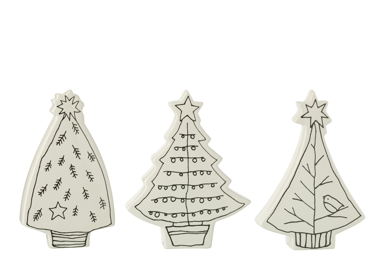 J-Line decoratie Kerstboom dolomite - keramiek - wit|zwart - 3 stuks