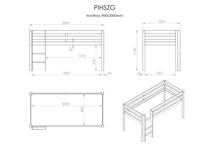 LUCEVI - Pino Halfhoogslaper met Ladder 90x200cm - Grijs - H115CM
