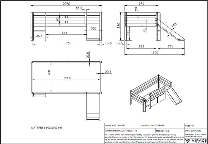 LUCEVI - Pino Halfhoogslaper met Glijbaan 90x200cm - Grijs - H85CM
