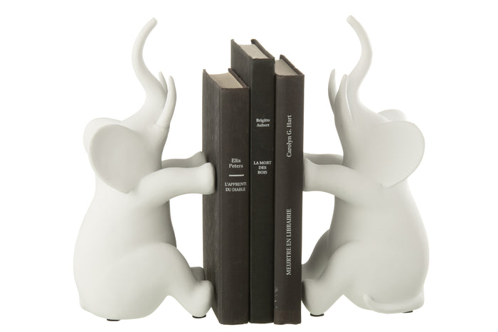 J-Line boekensteun Olifant Zittend - polyresin - wit - set v