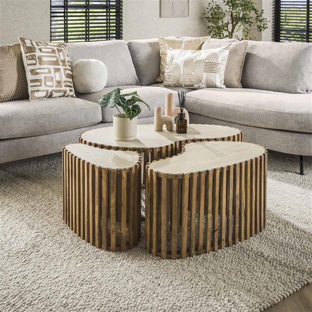 Hoyz Collection - Salontafelset-3 Niervorm Nuovo Travertin - Mangohout