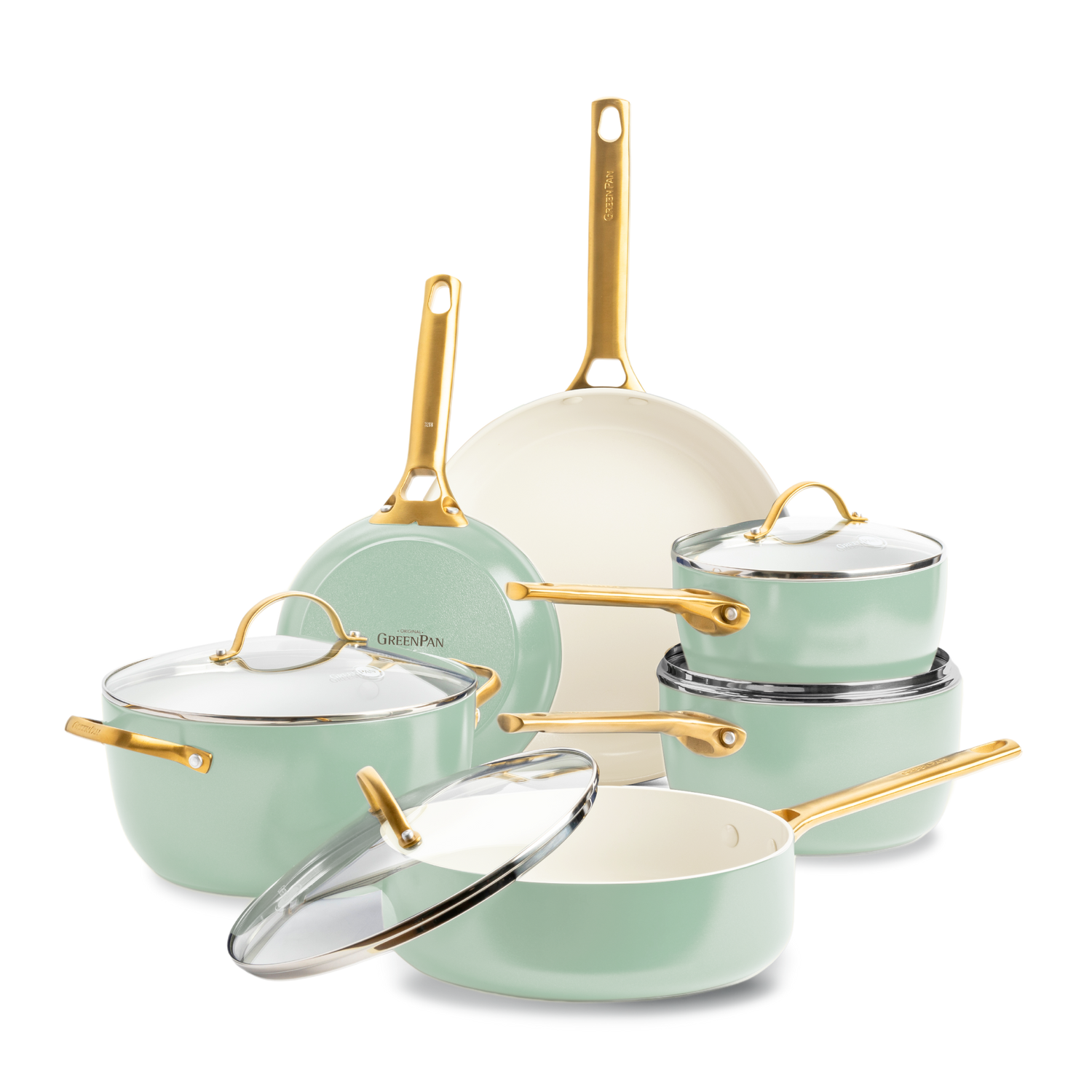 GreenPan Padova Mint Green Keramische Inductie Pannenset 10-delig - PFAS-vrij - Inductie pannenset - Inductie hapjespan - Inductie koekenpan - Ovenbestendig tot 200°C - Vaatwasserbestendig - RVS handgrepen - Met deksels - Muntgroen