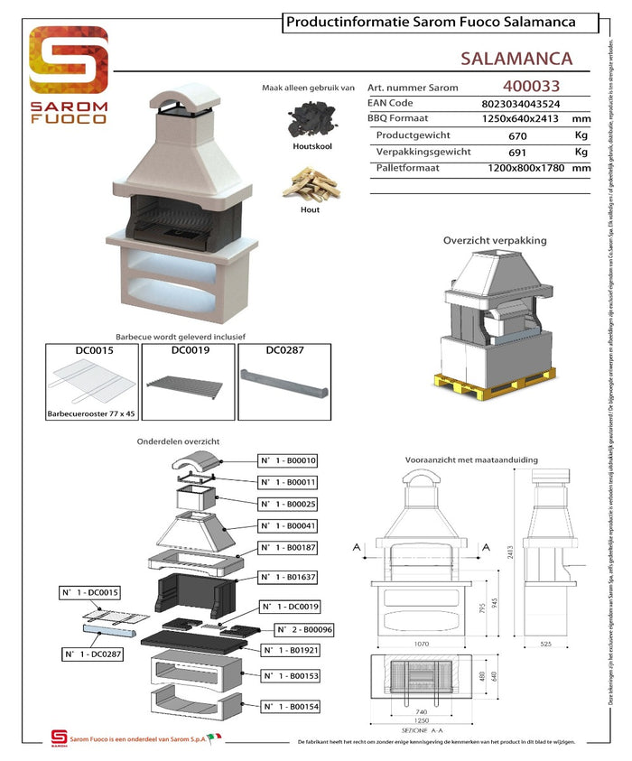 Sarom Fuoco - Betonnen barbecue - Salamanca - 125 x 64 x 241,3 cm