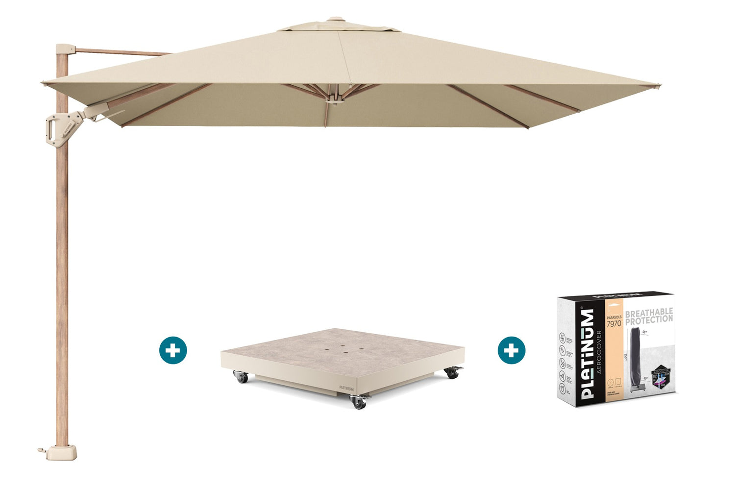 Platinum Challenger zweefparasol Premium T2 champagne teak met vulbare parasolvoet en hoes