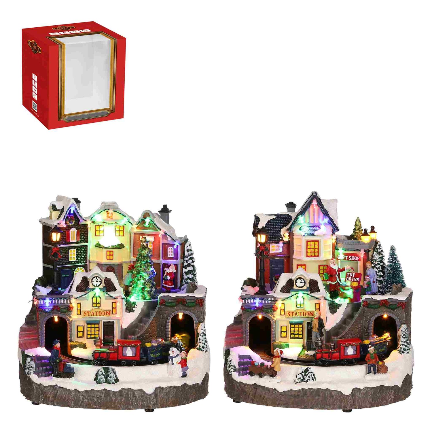 Luville Kerstdorp Treinstation - 24x24x23.5 cm - polystyrene - Multi - Set van 2