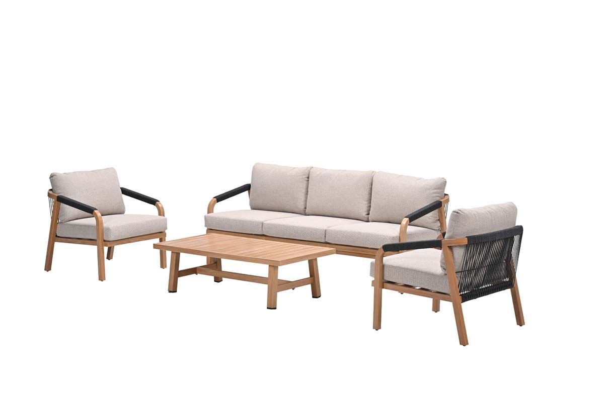 Monti loungeset - 4-dlg - light teaklook - rope lava zwart - gobi sand