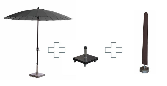 Set ronde Manilla parasol - met voet en hoes - 250 cm - Donkergrijs