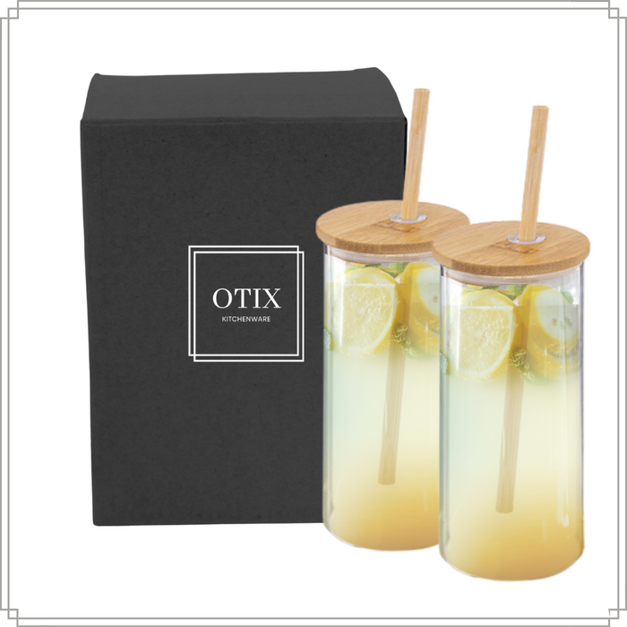 OTIX Drinkglazen met Bamboo Deksel met Rietje 2 Stuks 400 ml Waterg...