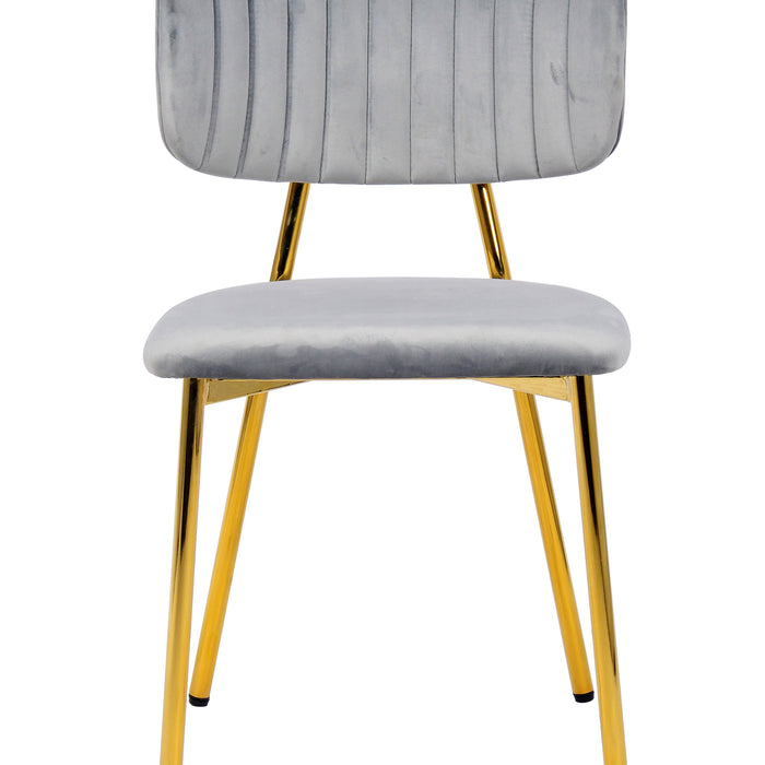 Stoel, set van 2 grijze ijzeren stoelen met armleuningen, glamoureus ontwerp, gouden roestvrijstalen frame, fluwelen hoes, decoratieve stiksels