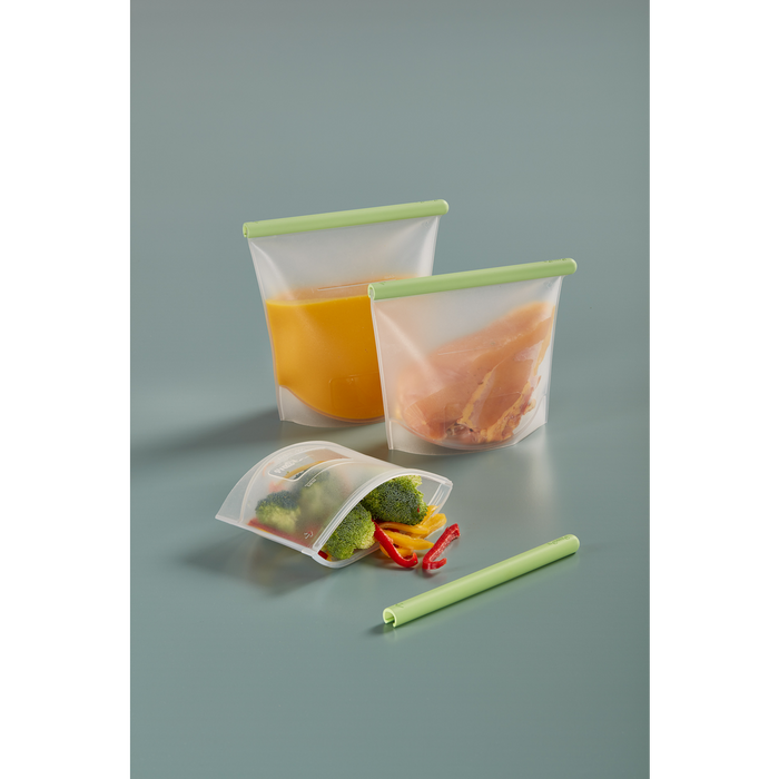 Vershoudzak Staand, set van 3, 0,5 L + 1 L + 1,5 L, Herbruikbaar - Green