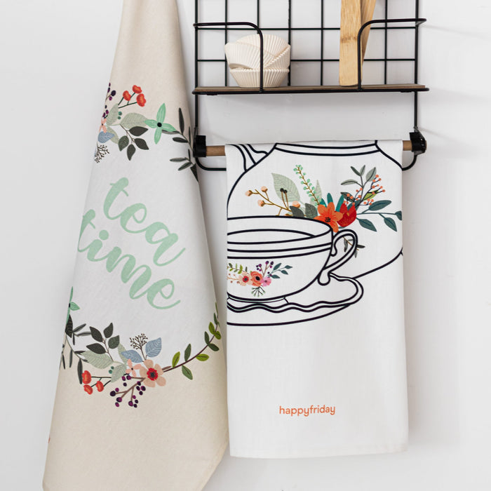 Time to tea Keukenhanddoek 2 stuks 70x50 cm Happyfriday, Veelkleurig, 100% katoen, de kwaliteit van 200 Gr x m2