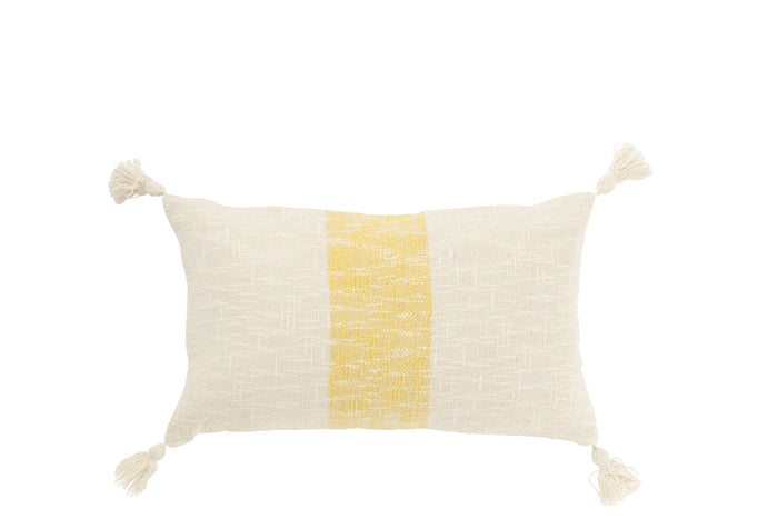 J-Line kussen Rechthoek Strepen + Kwasten - katoen - wit|geel