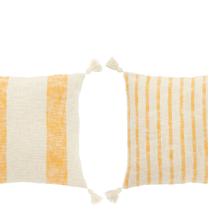 J-Line Kussen Vierkant Strepen+Kwasten Katoen Wit|Oranje Assortimen
