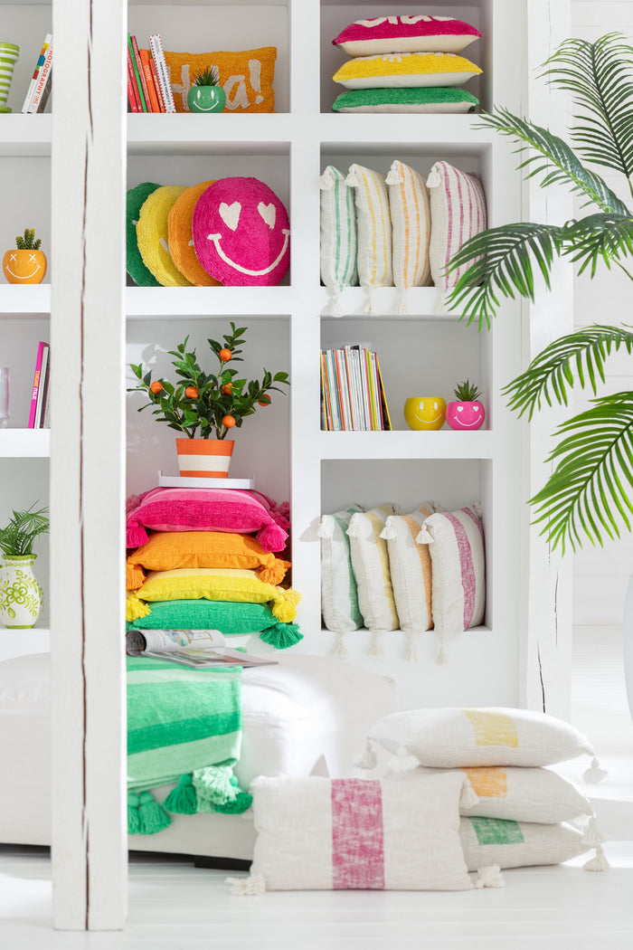 J-Line kussen Rechthoek Strepen + Kwasten - katoen - wit|roze