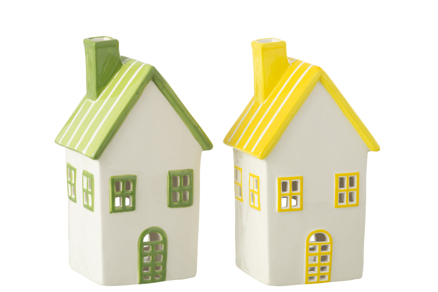 J-Line theelichthouder Huis Dolomiet - keramiek - geel|groen - 2 stuks
