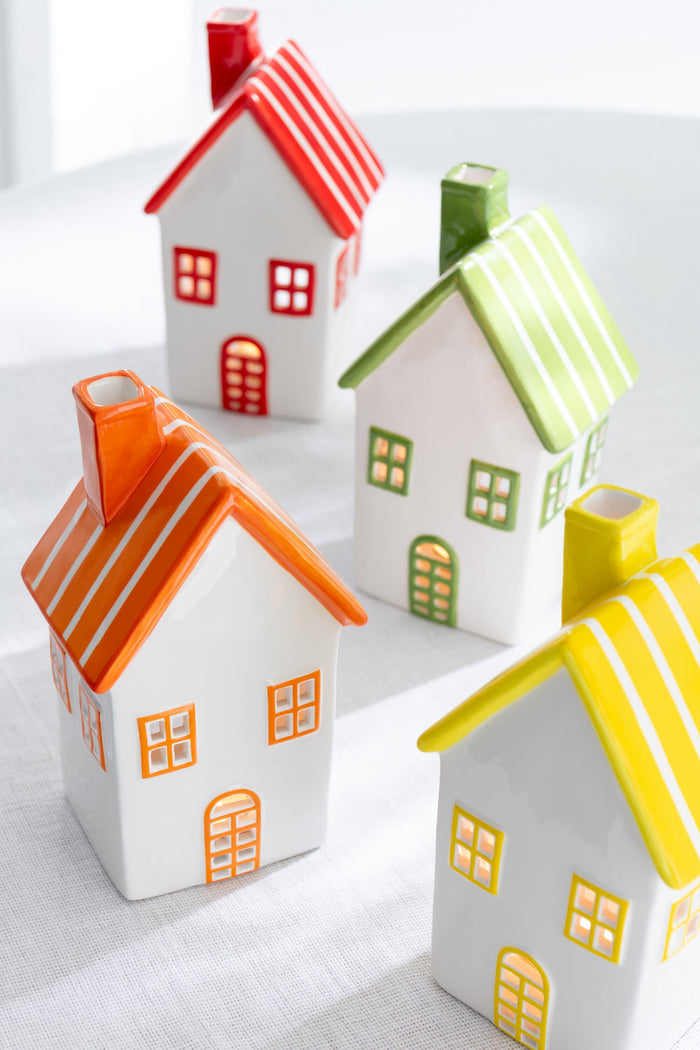 J-Line theelichthouder Huis Dolomiet - keramiek - geel|groen - 2 stuks