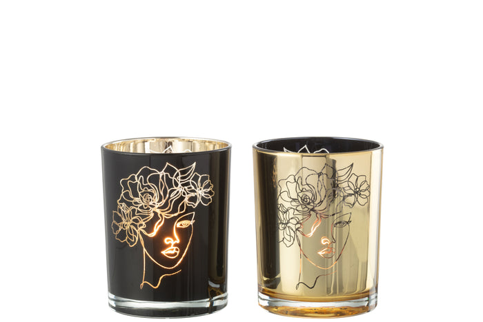 J-Line windlicht dame haar bloemen - glas - zwart|goud - medium - 2 stuks