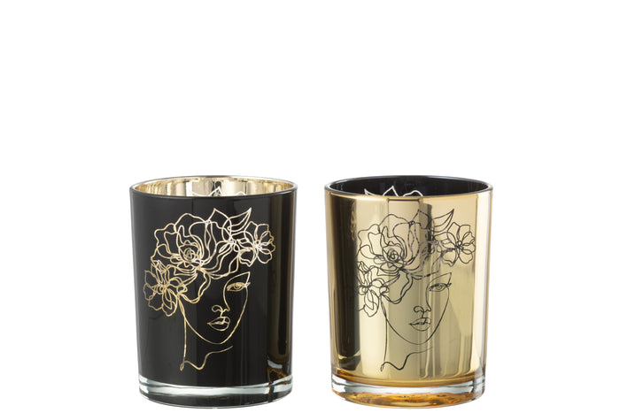 J-Line windlicht dame haar bloemen - glas - zwart|goud - medium - 2 stuks