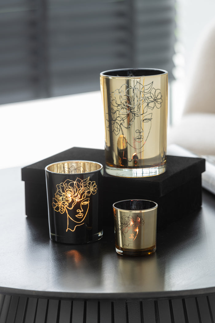 J-Line windlicht dame haar bloemen - glas - zwart|goud - medium - 2 stuks