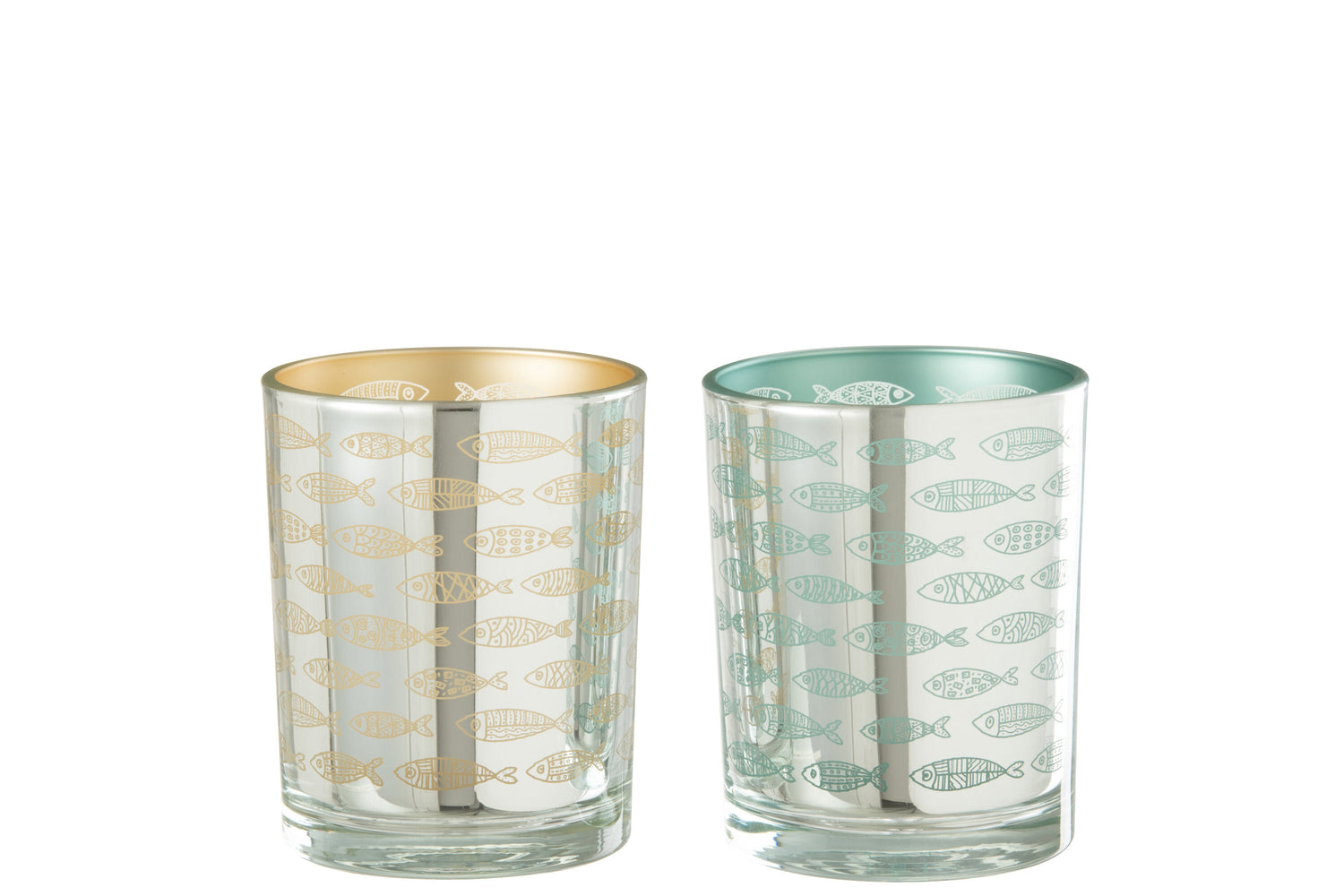 J-Line windlicht Vissen - glas - beige|blauw - small - 2 stuks