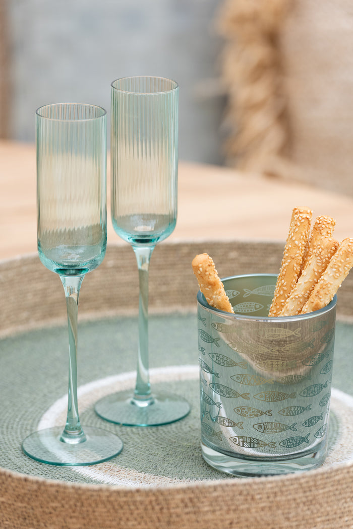 J-Line windlicht Vissen - glas - beige|blauw - small - 2 stuks