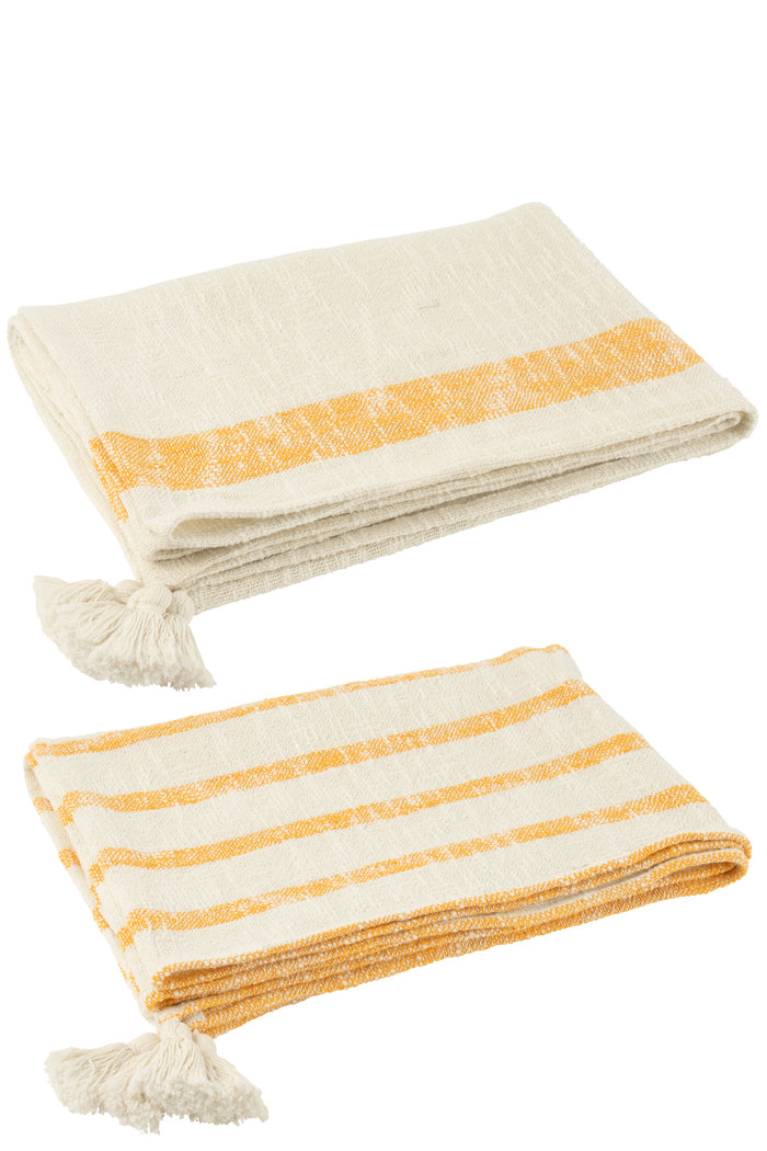 J-Line plaid Strepen + Kwasten - katoen - wit|oranje -  2 stuks