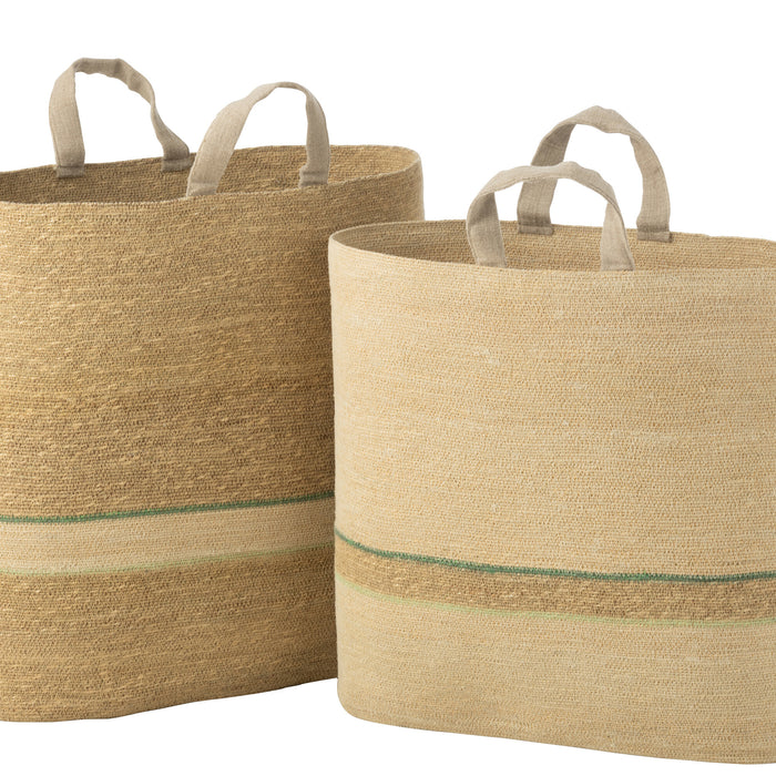 J-Line mand strepen + handvat - naturel|groen - 2 stuks