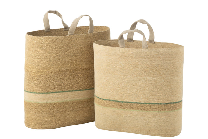 J-Line mand strepen + handvat - naturel|groen - 2 stuks