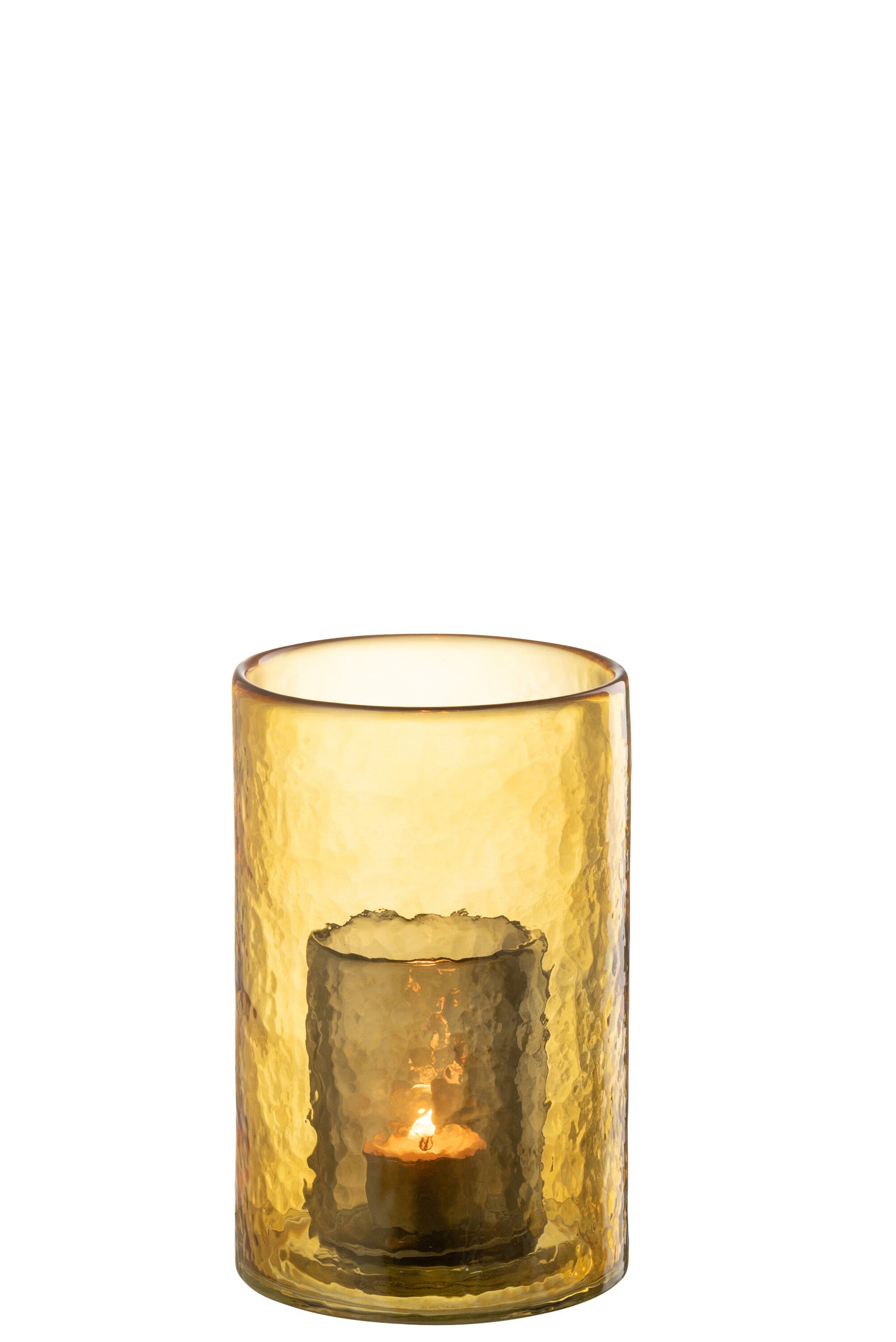 J-line - Theelichthouder Dubbel Glas Geel Small - 12.5x12.5x20.5cm