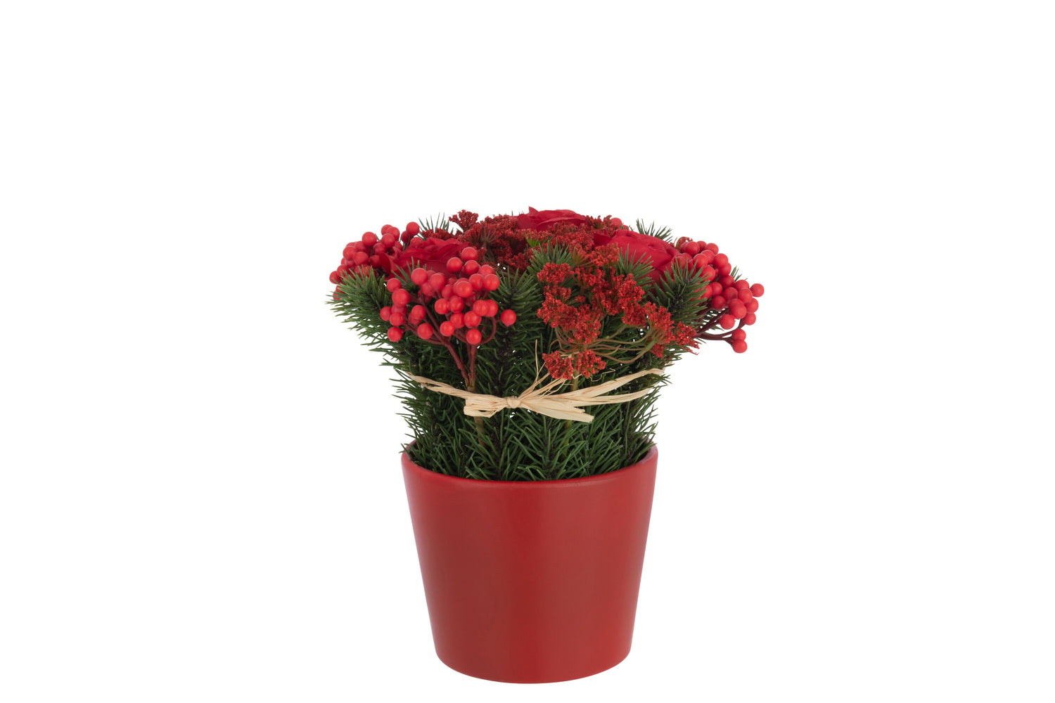 J-line - Rozen+bessen In Pot Cement Plastiek Rood|groen - 20x20x25cm