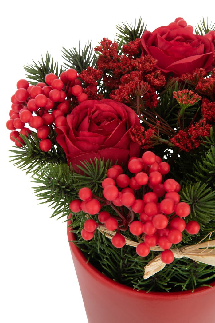 J-line - Rozen+bessen In Pot Cement Plastiek Rood|groen - 20x20x25cm