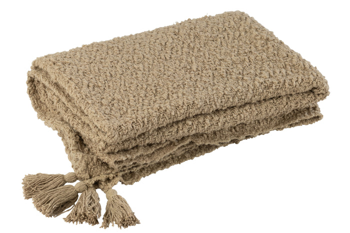 J-line - Plaid Kwasten Katoen Donker Beige - 180x130x1cm