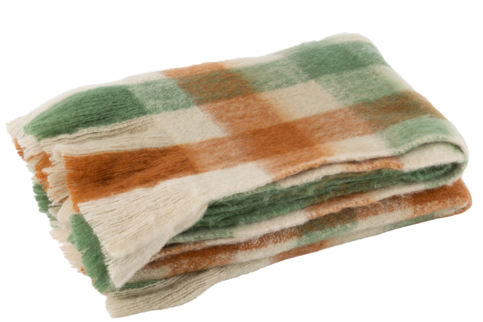 J-line - Plaid Ruitjes+franjes Acryl Wit|groen|bruin - 180x130x1cm