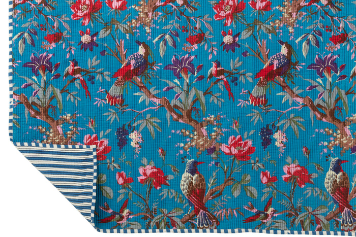 J-Line deken vogels|bloemen - katoenfluweel - blauw