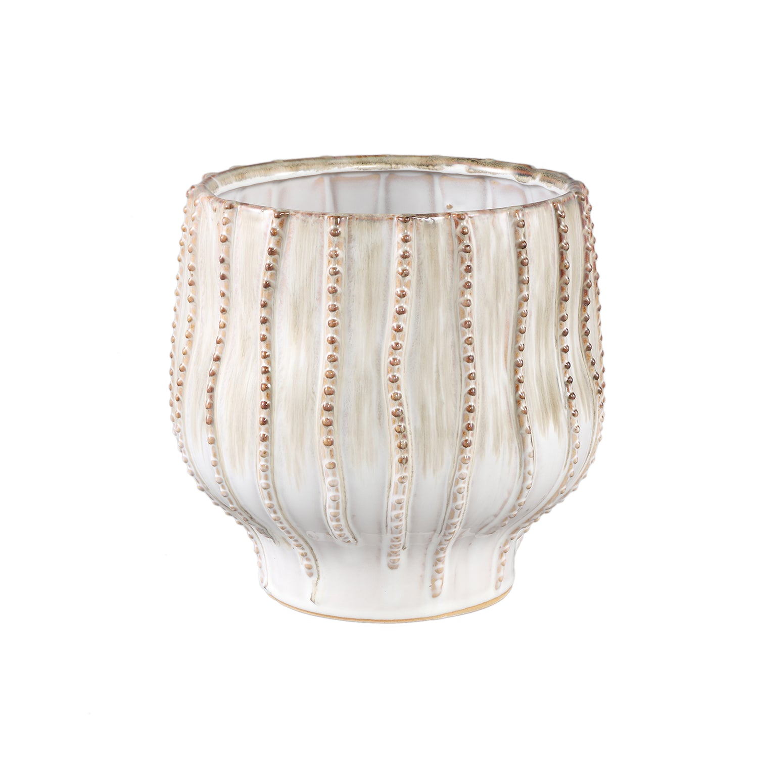 PTMD Dell Cream Ceramic Glazed Pot Line Pattern Round L