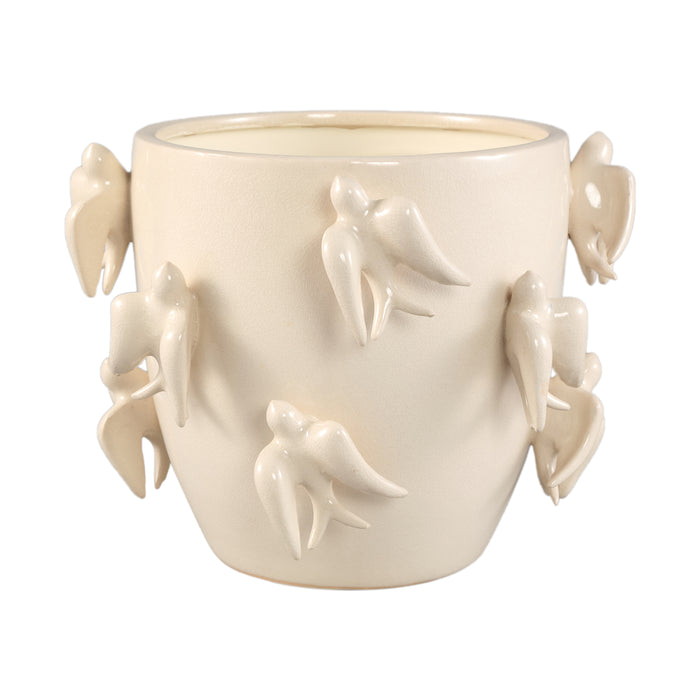 PTMD Emmelyn White Round Ceramic Glazed Pot Birds L