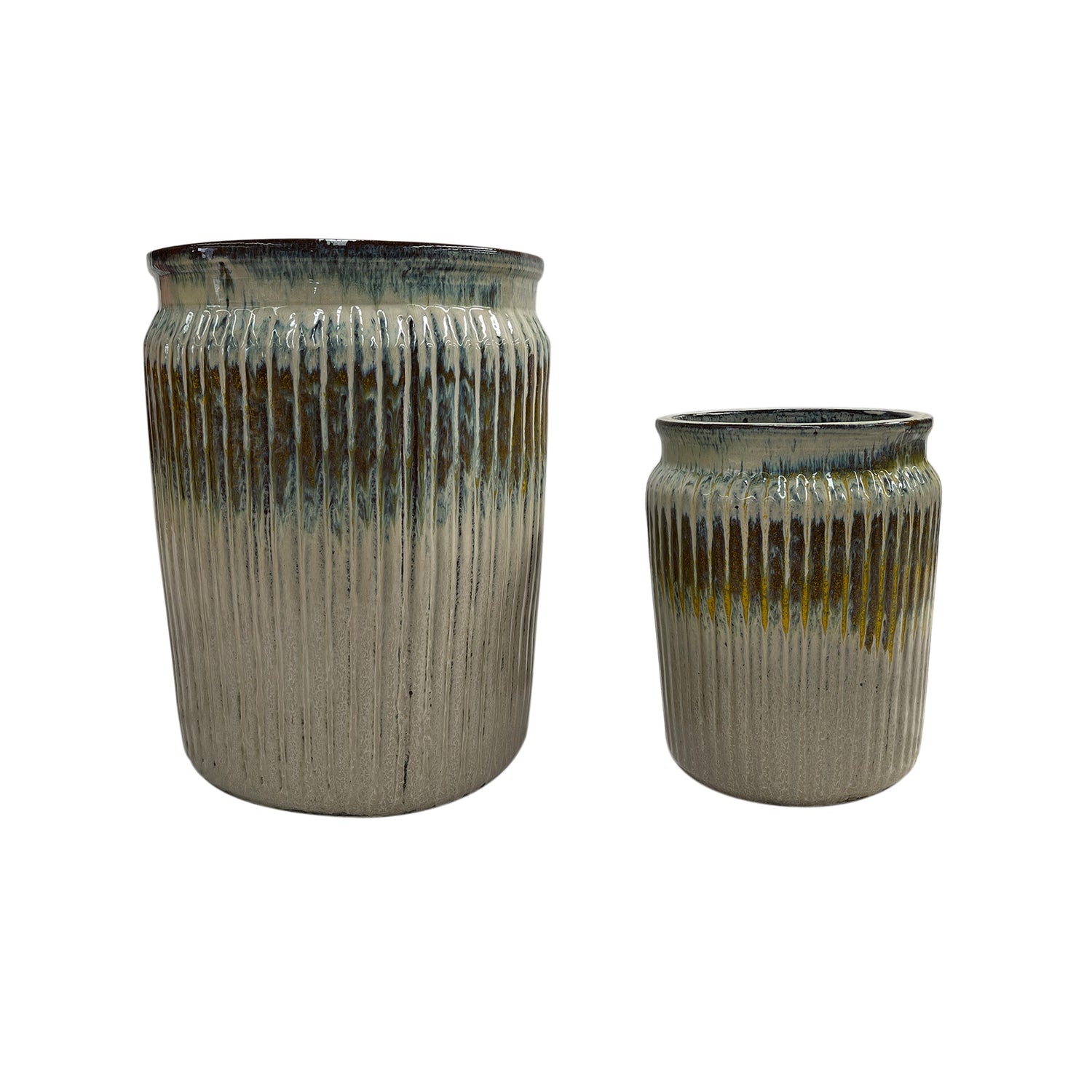 PTMD Alicen Yellow Ceramic Ribbed Round Pot Set Of 2