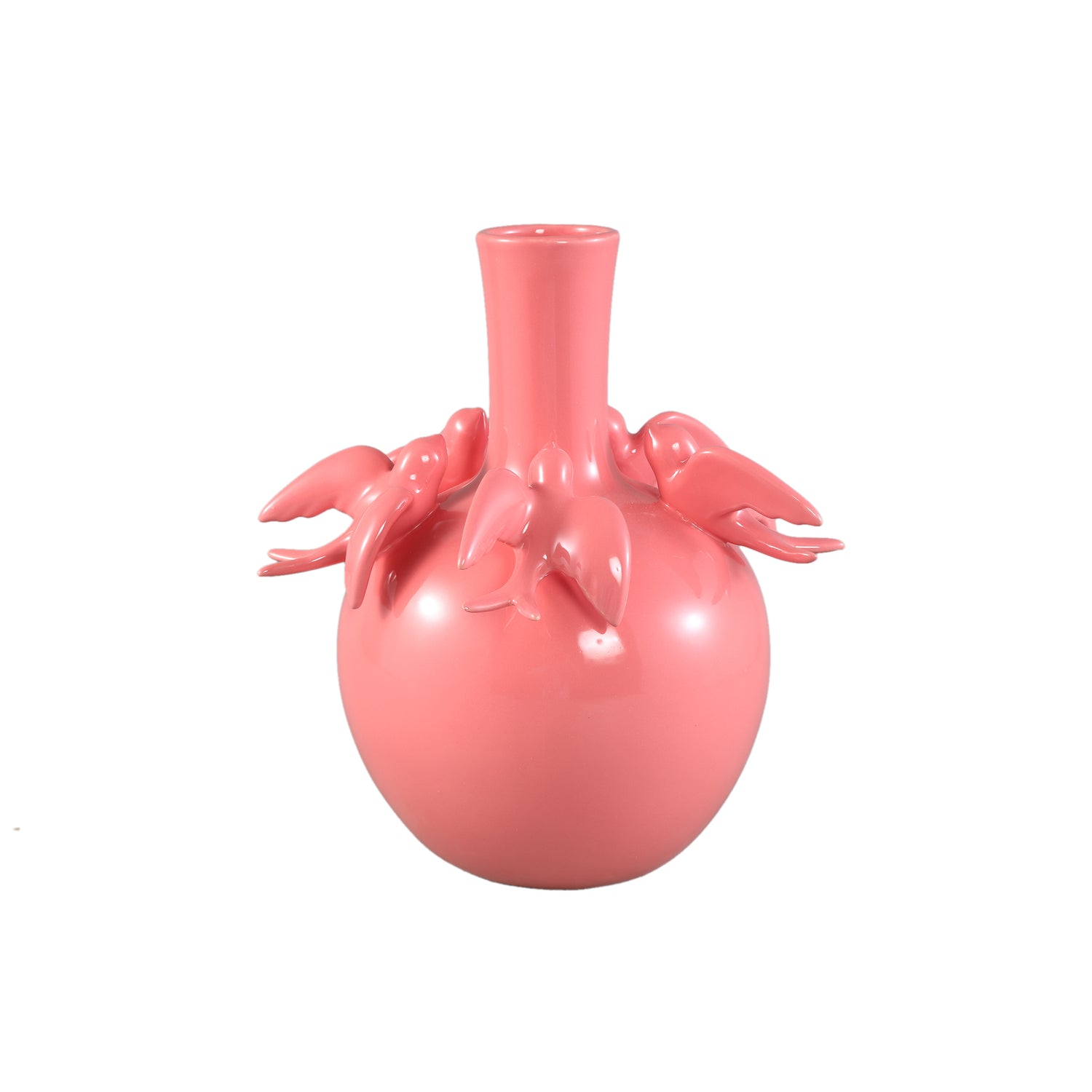 PTMD Emmelyn Pink Bulb Ceramic Glazed Vase Birds L
