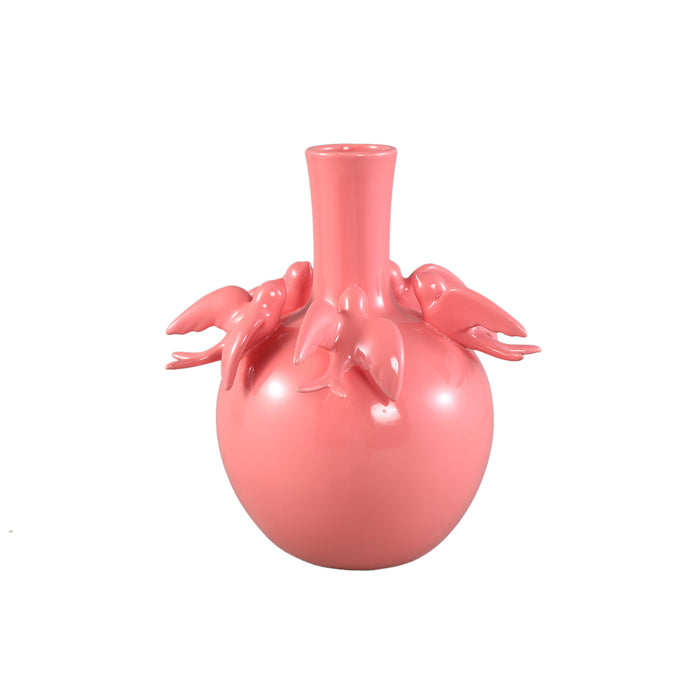 PTMD Emmelyn Pink Bulb Ceramic Glazed Vase Birds L