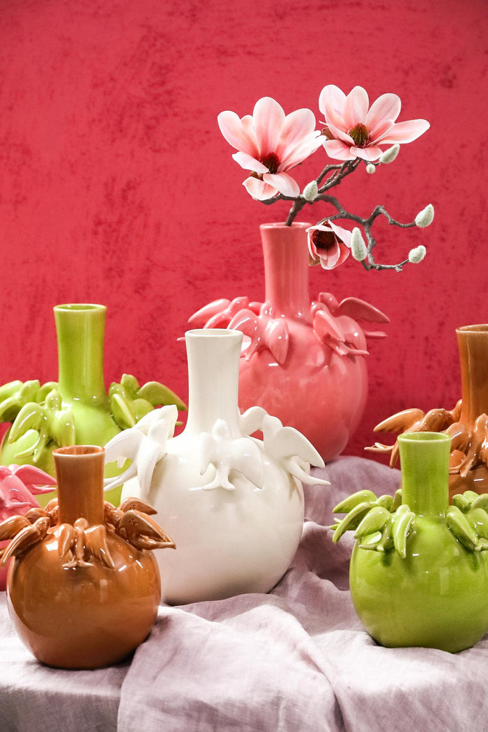 PTMD Emmelyn Pink Bulb Ceramic Glazed Vase Birds L