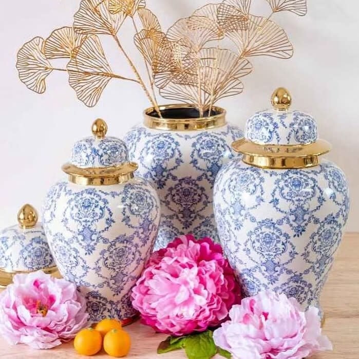 Fine Asianliving Chinese Gemberpot Blauw Wit Goud