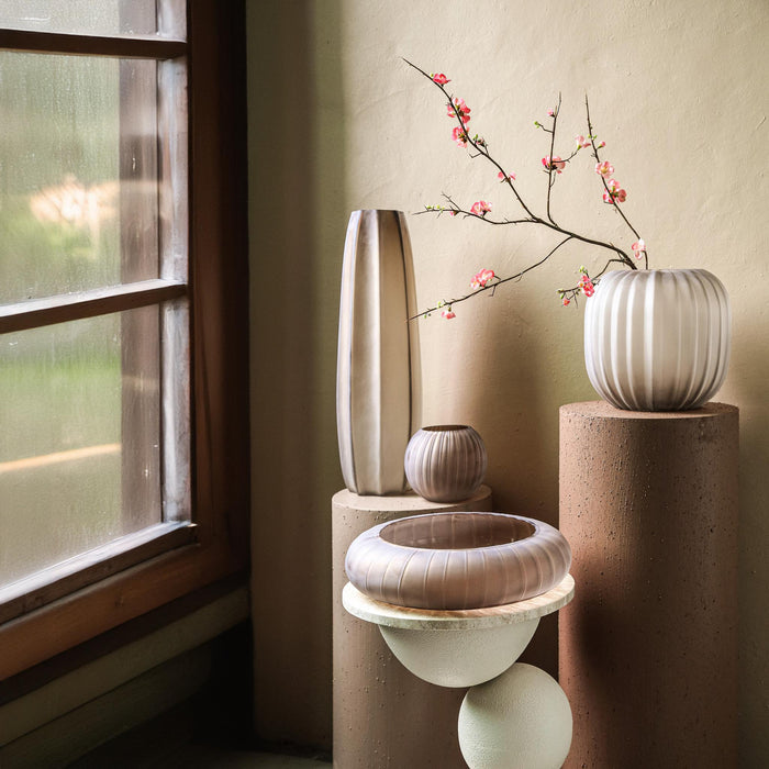 PTMD Levente Sand Carved Glass Round Vase Ribbed Low