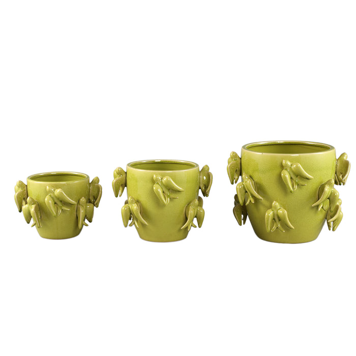 PTMD Emmelyn Green Round Ceramic Glazed Pot Birds L