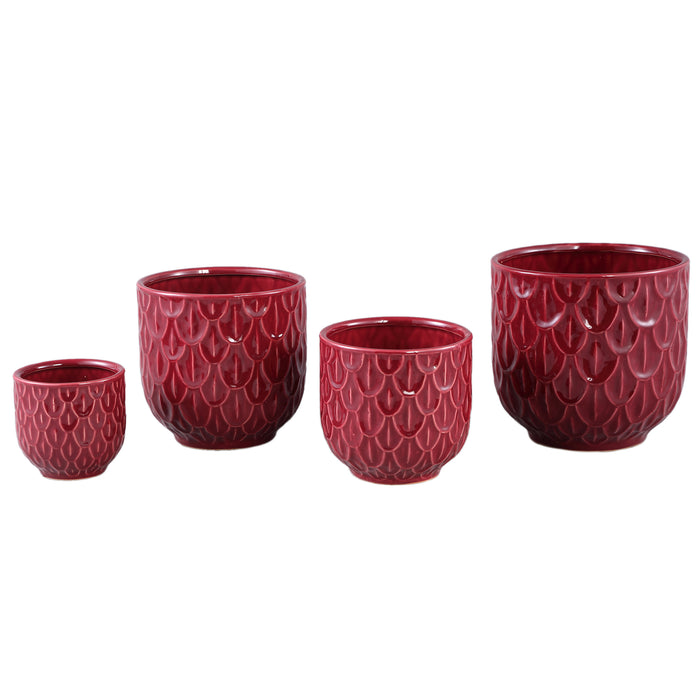PTMD Kobee Red Ceramic Glazed Pot Round Leave PatternXL