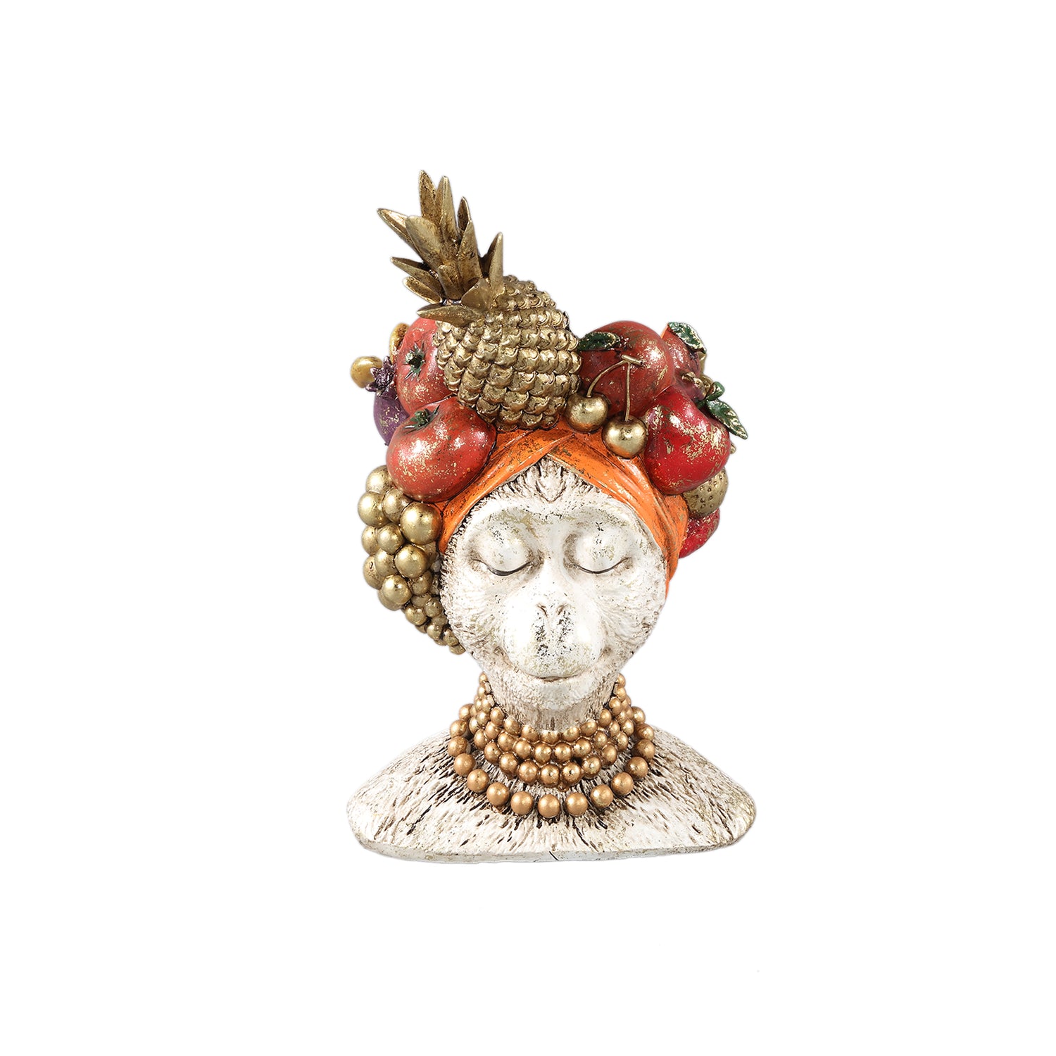 PTMD Kaliesa White Poly Monkey Statue With Fruits Round
