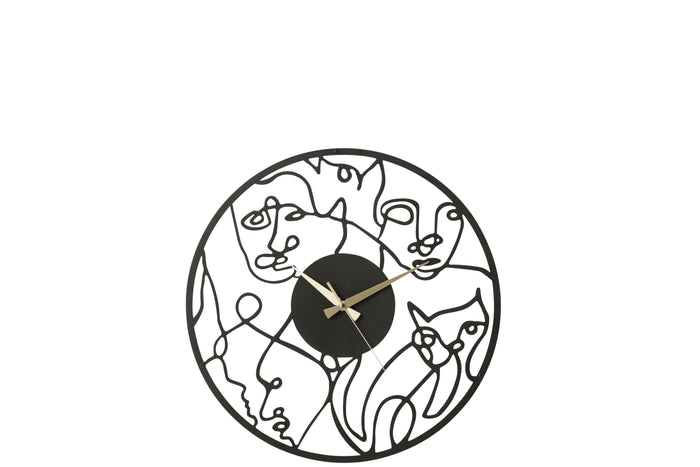 J-line - Klok Gezichten Metaal Zwart Small - 49x49x3cm