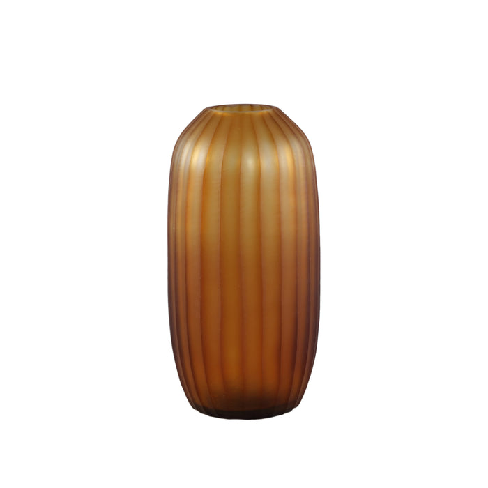 PTMD Lavanya Brown Carved Glass Round Vase Ribbed High
